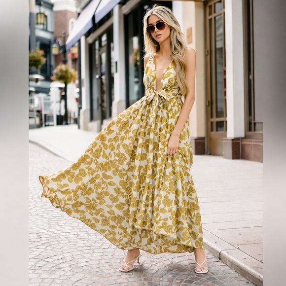 Aakaa Dresses & Skirts - Aakaa knot tie front plunging v neck tiered maxi dress floral olive white S nwt
